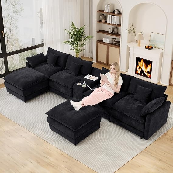 OUYESSIR 145"U Shaped Cloud Couch Sectionals,Large Comfy Black Sectional Couches for Living Room,Oversized Fluffy Modular Sectional Sofas,Chenille Big 6 Seat Sofa Set USB Port Central Console Ottoman