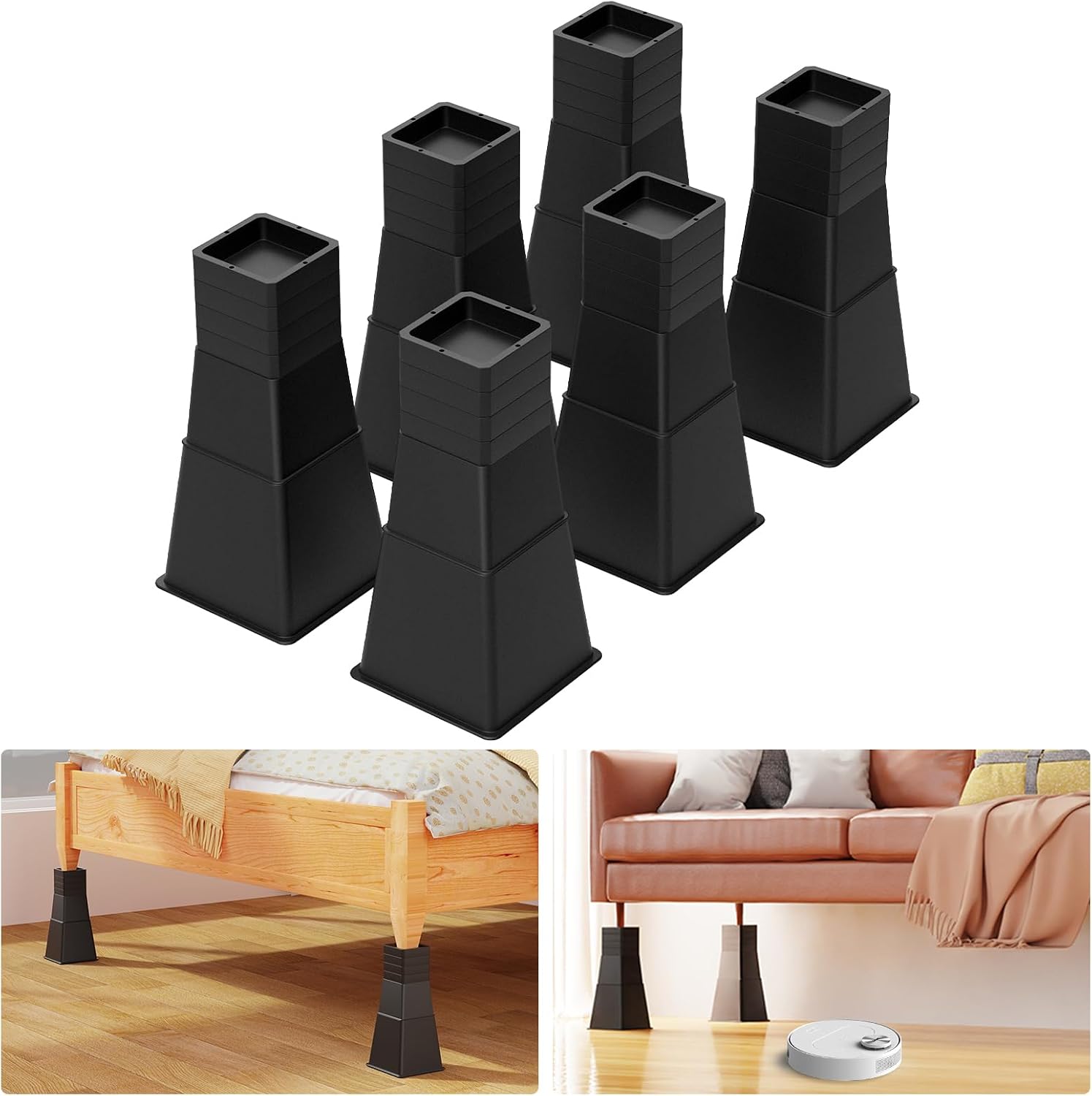 12 inch Bed Risers Heavy Duty, Adjustable Furniture Risers for Bed, Sofa, Table, Chair, Support up to 1500 Lbs (Set of 6, Black)