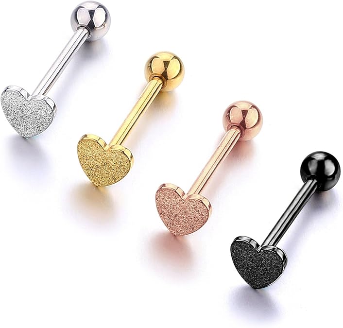 JFORYOU 14G Stainless Steel Tongue Rings Straight Barbells Heart Shape Rose Shape Tongue Piercing Jewelry