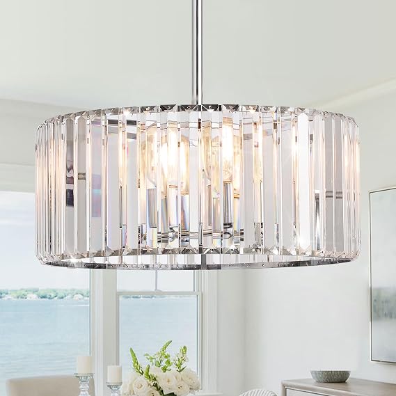 16.5" Modern Chrome Crystal Drum Chandelier 4-Light Flush Mount Round Ceiling Pendant Light Fixture for Kitchen Island Dining Room Foyer Hallway
