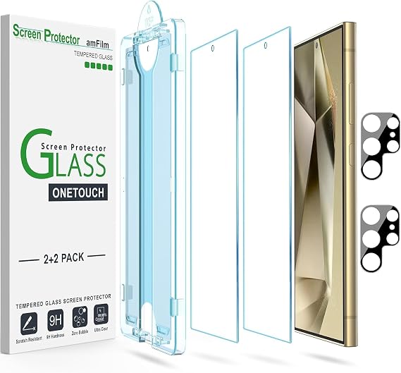 amFilm 2+2 Pack One Touch Tempered Glass Screen Protector for Samsung Galaxy S24 Ultra 6.8 Inch Camera Lens with Rotector, 9H Hardness, Easy Installation, Bubble Free, Case Friendly