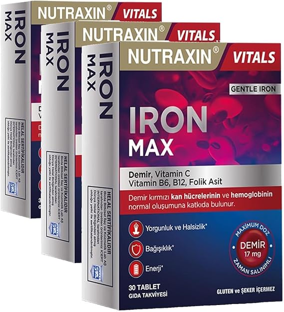 Nutraxin Iron Max 30 Tablet – Demir, C Vitamini, Folik Asit ve B12 Vitamini İçeren Takviye (3 paketi)
