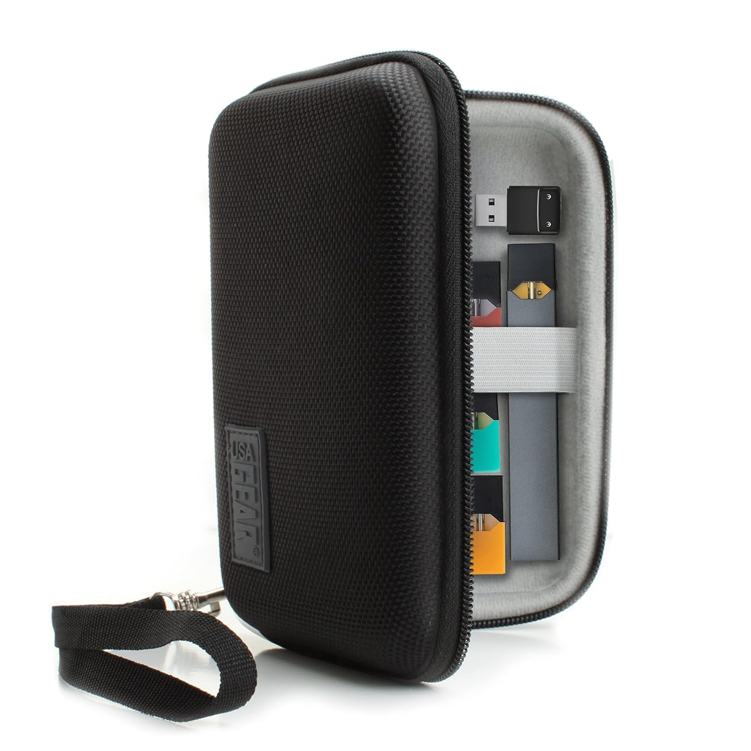 USA GEAR Vape Case - Vape Pen Case with eCigarette and Pod Travel Storage - Water Resistant, Wrist Strap, Compact Design, Hard Shell Exterior - Compatible with Vape Pens and More - Black Case Only
