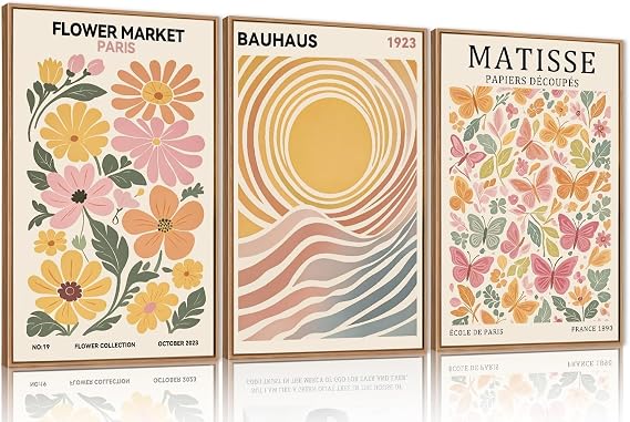 TOARTi Boho Flower Market Framed Canvas Wall Art Set, Matisse Floral Wall Decor, Abstract Botanical Wall Painting, Nature Floral Illustration Art Prints for Living Room, Bedroom, Office 12x16inchx3