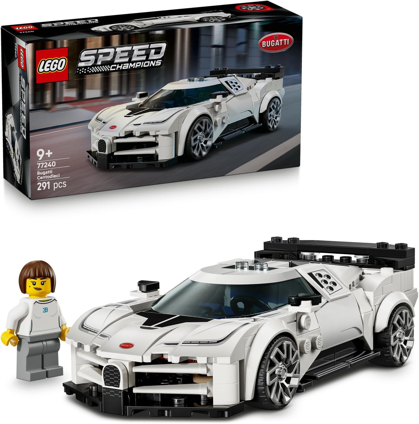 LEGO Speed Champions Bugatti Centodieci 77240 – Collectible Model Car for Children Ages 9 and Over, Detailed Race Car and Game and Exhibition Production Set with Driver Figure 291 Pieces