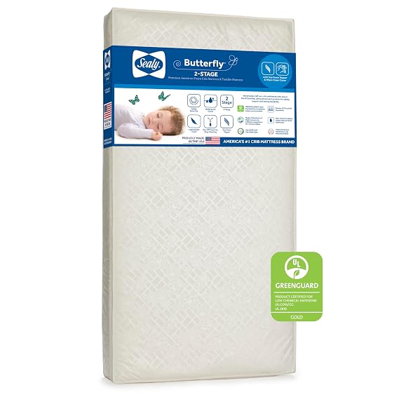 Sealy Baby Butterfly 2 Stage Waterproof Crib Mattress plus Toddler Bed Fit, Premium Foam, Washable Easy Clean Zip Off Cover, GREENGUARD Gold Certified, Safety & Quality Tested, Made in USA, 52"X28"