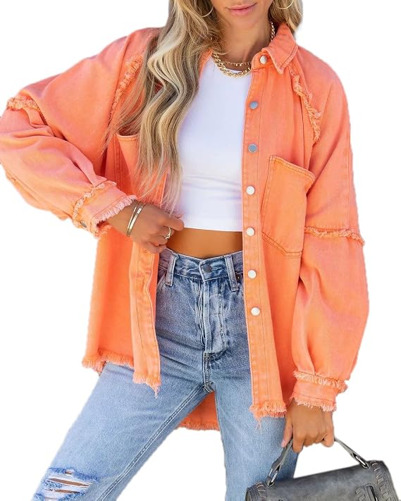 Women's Oversized Denim Jacket High-Low Hem Distressed Casual Long Sleeve Boyfriend Blouse Shacket Jacket