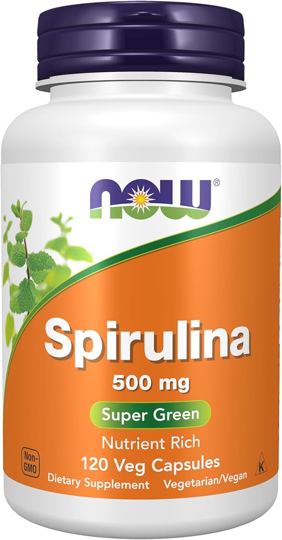 NOW Foods Supplements, Natural Spirulina 500 mg with Beta-Carotene (Vitamin A) and Vitamin B-12, and naturally occurring Protein and GLA (Gamma Linolenic Acid), 120 Veg Capsules
