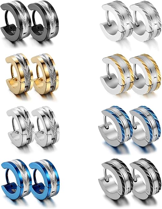 Aroncentステンレススチール8ペアメンズ小さなフープHuggie Hingedイヤリングセット4 mm