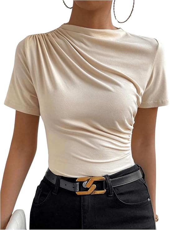 SweatyRocks Women's Ruched Mock Neck T Shirt Short Sleeve Basic Tops