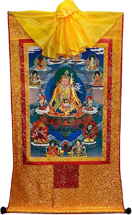 Scroll Hanging, Scroll mural,Chinese Art Scroll Painting,Buddha Zen Wall Hanging, scroll mural,Padmasambhava Buddhist Thangka Brocade Embroidery Painting Vintage Tibetan Thangka Tapestry Art Print Pos
