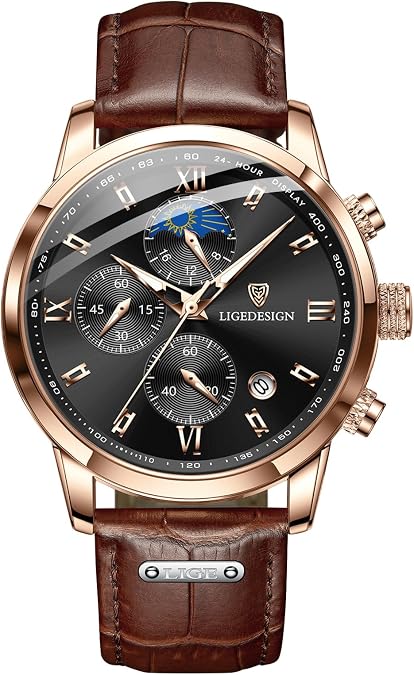 LIGE Chronograph Watch for Men Wrist Leather Analog Dress Waterproof Vintage Work Casual Unique Retro Quartz Date Moon Phase Display Luminous 3ATM Water Resistant Mens Watches