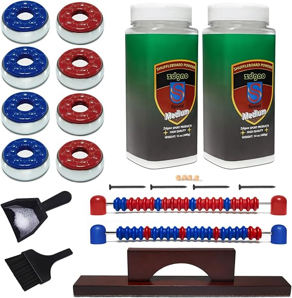 Complete Shuffleboard Accessories Kit for Shuffleboard Table w/Shuffleboard Sand, Shuffleboard Pucks Set (2-1/8"), Shuffleboard Brush with Mini Brush Set and Shuffleboard Score Keeper Medium Speed