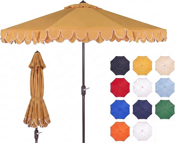 SAFAVIEH Outdoor - Valance 9-Foot Crank Patio Umbrella - Yellow & White Canopy - Brown Aluminum Pole - Decorative Petal Valance Trim - Ideal for Patio, Deck, Poolside, Backyard (PAT8006B)