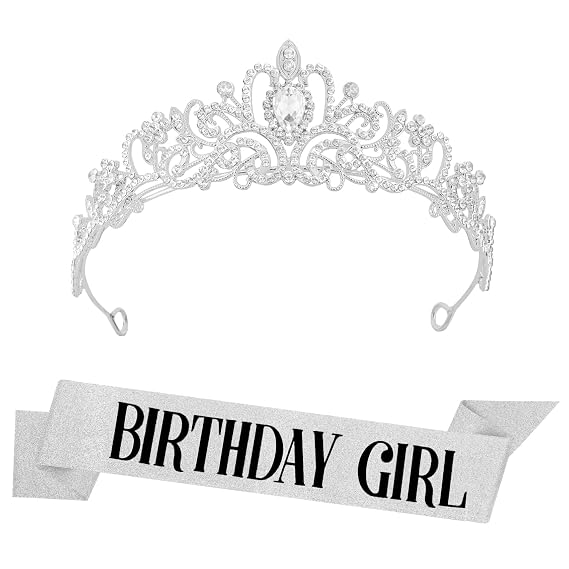 PQRUU Silver Birthday Sash and Tiara for Women Birthday Decorations Accessories Princess Queen Party Favors Sparkling Glitter Rhinestone Crown Headband and Sash Set for Girls Women 21st 30th 40th 50th