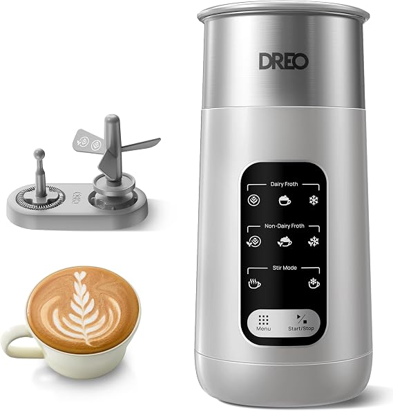 DREO Milk Frother, 8-in-1 Electric Frother for Latte Art Coffee, 9oz/270ml Warm and Cold Foam Automatic Frothers for Dairy and Non-Dairy Milk, LED, Easy to Clean, BaristaMaker Air, Grey