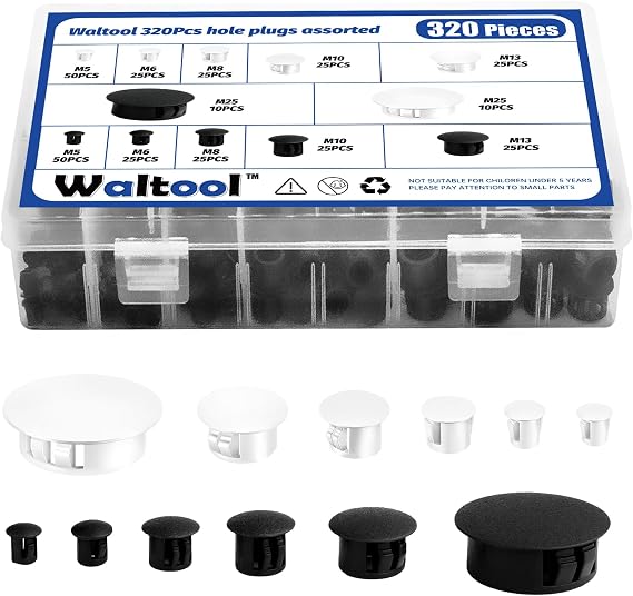 320Pcs 6 Sizes Nylon Hole Plugs Assorted Set, 1/5" 1/4" 5/16" 3/8" 1/2" 1" Snap-in Screw Covers, Flush Type Panel Knockout Locking Button Plugs for Cabinet Furniture Cupboard Shelves
