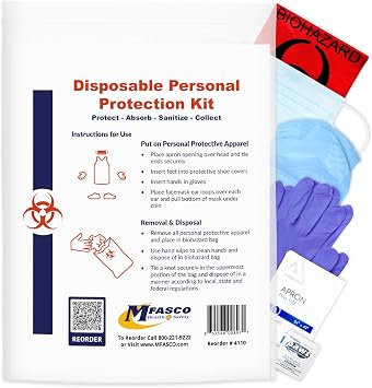 MFASCO Disposable PPE Kit with Apron & Visor - Complete Protection - Mask, Visor, Apron, Gloves, Shoe Covers - USA Assembled - Vomit, Blood, Urine & Feces Protection