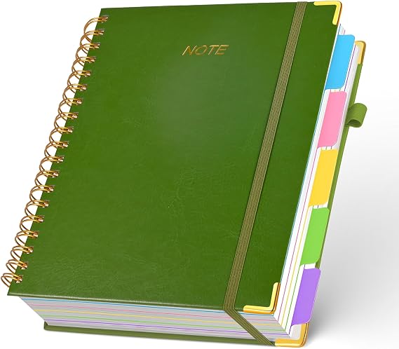 5 Subject Notebook with Removable Dividers Tabs, 300 Pages Leather Hardcover Spiral Notebook College Ruled, 8"x10" Large B5 Notebooks for Work School, Lined Journal for Women, Black