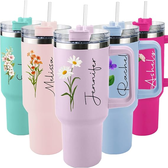 ThermoThrill Ships Next Day, Personalized 40 Oz Tumbler with Handle and Straw Custom Tumbler with Text Stainless Steel Mug Birthday Gifts for Women (2.Personalized with Birth Flower, 40OZ)