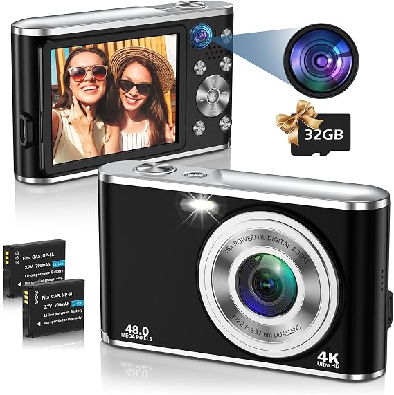 Digital Camera AutoFocus 4K Compact Camera with Dual Camera with 32GB Memory Card HD 48MP 16X Digital Zoom 2.8 Inch Large Screen Camera Digital Camera for Beginners (Black)