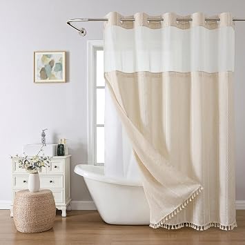 eachope Boho Farmhouse No Hook Shower Curtain Set with Snap-in Fabric Liner,Heavy-Duty Linen Textured Rustic Striped Design,Water-Repellent with Tassels and Sheer Window,Cream/Beige,71x74