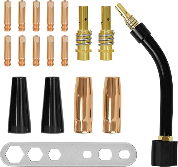 SSimder 18Pcs MB15 15AK MIG Welding Torch Kit with Gas/Gasless Nozzle Swan Neck 0.030"/0.8mm & 0.045"/1.2mm Contact Tips M6 Holder Diffuser Shield cup MIG Welding Consumables