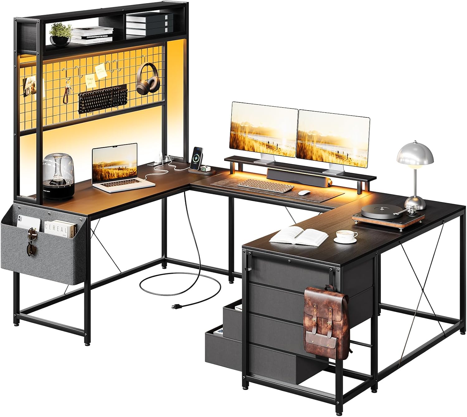 U Shaped Gaming Desk, 78 Large Reversible Computer Desk with LED Lights, Power Outlets, Monitor Stand, Corner Desk with 4 Drawers, Storage Shelves, Writing Desk, PC Table for Home Office, Black