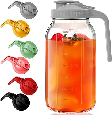 Glass Mason Jar Pitcher - 64 oz2 Quart Wide Mouth Jug with Lid and Pour Spout, Airtight Seal, Leak Proof Iced Tea Pitcher for Sun Tea, Juice, Breast Milk, Cold Beverages, Coffe