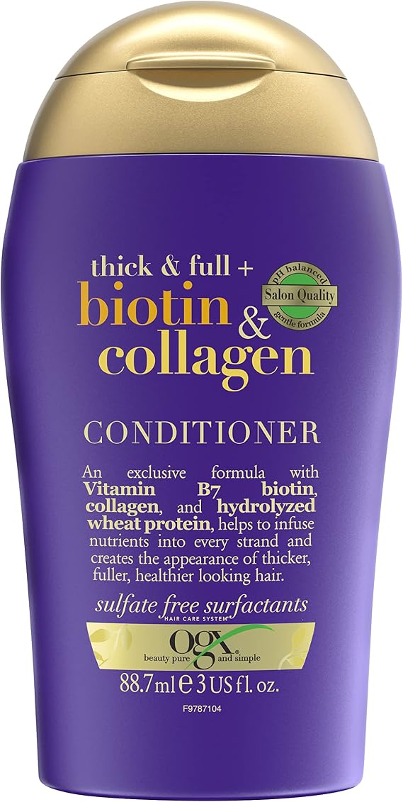 OGX Thick & Full with Biotin & Collagen Conditioner, with Vitamin B7 Biotin, Collagen and Hydrolyzed Wheat Protein, for Thicker, Fuller & Healthier-Looking Hair, Sulfate Free, 88.7ml