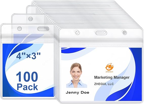 Clear Plastic ID Badge Holder for Lanyard Name Tags Card Protector with Soft Edge - ID Card Holder Waterproof Zipper Heavy Duty Name Badge Holders (Large 4 x 3 Horizontal 100 Pack)