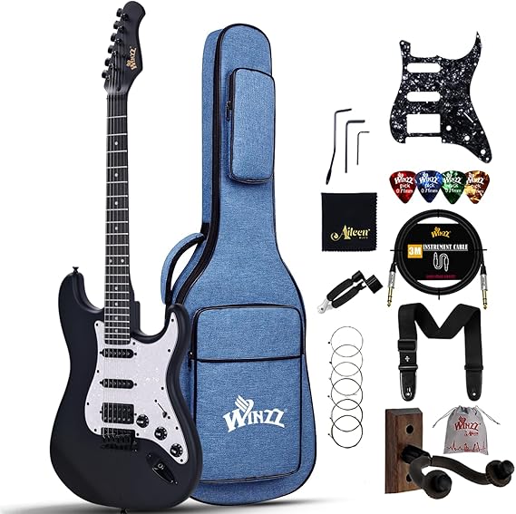 Winzz Adult Electric Guitar 4/4 Full Size, HSS Pickup, Guitar Electric ST for Beginners Starter Pack with 12 Accessories, Ideal Kids Electric Guitar Kit 12+ Years (39" Matte Black, White Pickguard)
