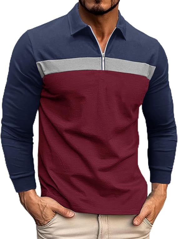 Nuofengkudu Men's Color Block T-Shirt Long Sleeve Casual Patchwork 1/4 Zip Collar Work Tee Shirts