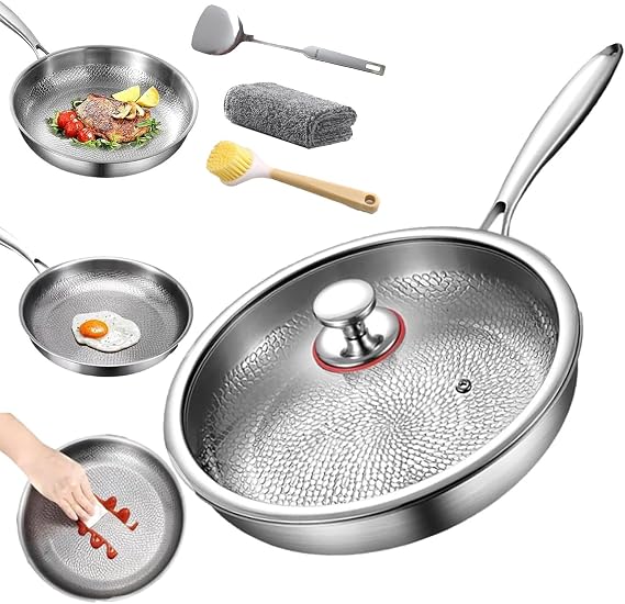 Titanium Hammered Pan Pro, 2025 New Pure titanium Frying pan With Lid, Multifunctional Ultra-Durable Scratch-Resistant Non Stick for Cooking (11.8inches+lid)