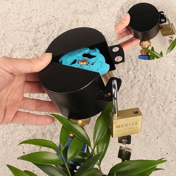 Outdoor Faucet Spigot Lock with Black Metallic Gate Valve Lock Protecting Water from Use