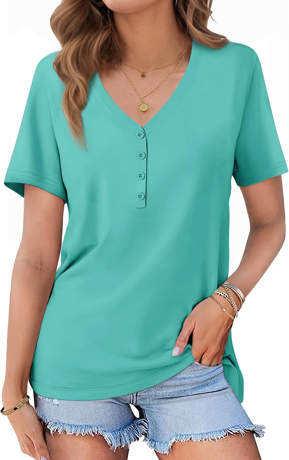 Womens Blouse Short Sleeve Button Down Shirts Business Casual Blouse Basic Tee V Neck Summer Outfit Medium, Mint A