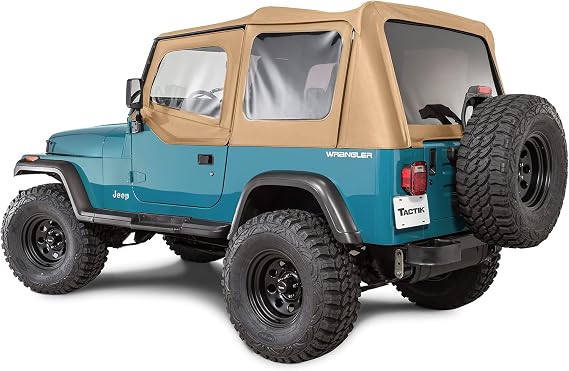 TACTIK Fabric Only Replacement Soft Top - Fits Jeep Wrangler 1988-1995 YJ - Custom-Fit Fabric Roof with Removable Side and Back Window (With Door Skins, Spice Denim)