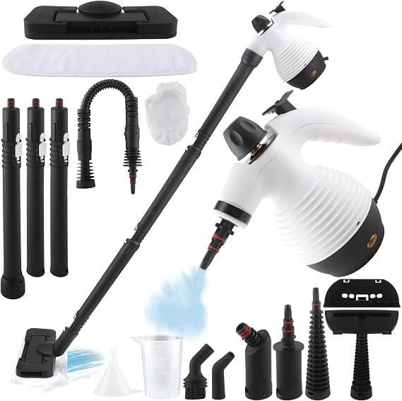 15-in-1 Multipurpose Steam Cleaner, 1050W Handheld Steamer & Steam Mop with 16-Piece Kit, 350ML Tank, 30s Fast Heat-Up for Floors, Windows, Cars, Bathroom, Grills, Sofa Cleaning(White)