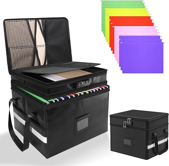 ZYNERY Fireproof Document Box, 2 Layer Collapsible File Box with Lock and 15 Pcs Suspension Files Collapsible File Storage Box with Zippers and Inserts Bag for Letter Legal Folder