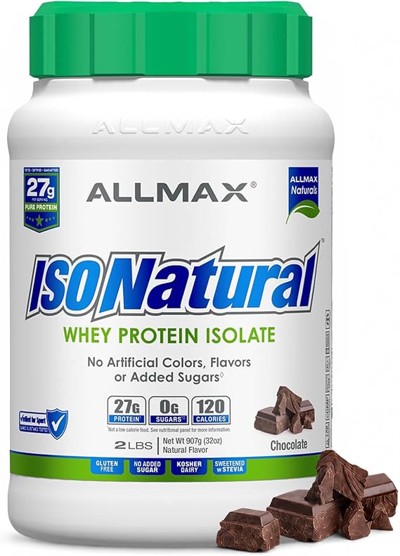 ALLMAX ISONATURAL Protein Isolate Powder, Chocolate, 2 lb, 29 Servings | Supports Lean Muscle Growth, Enhances Recovery, 27g Whey Protein Isolate, Naturally Sweetened, Grass-Fed Milk