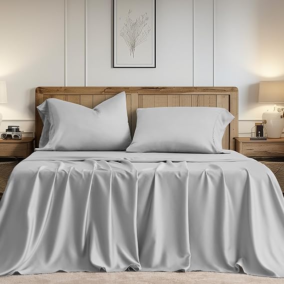 EVERGRACE Tencel Sheet Set King Size 4 Pieces,Soft Cooling Bed Sheets for Hot Sleepers, Eucalyptus Lyocell Luxury Breathable Bedding Set, 1 Fitted Sheet, 1 Flat Sheet, 2 Shams, Light Gray