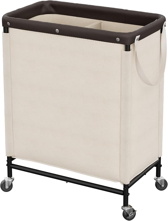 StorageWorks 2 Section Laundry Hamper, 100L Beige Sorter Cart with Wheels