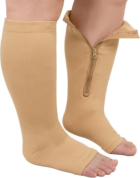 Plus Size Compression Socks: Wide Calf Graduated Pressure Support Stockings Men Women Open Toe Toeless Zipper Extra Large Flight Socks for Swollen Legs Pregnancy Travel 20-30mmHg 1 Pair
