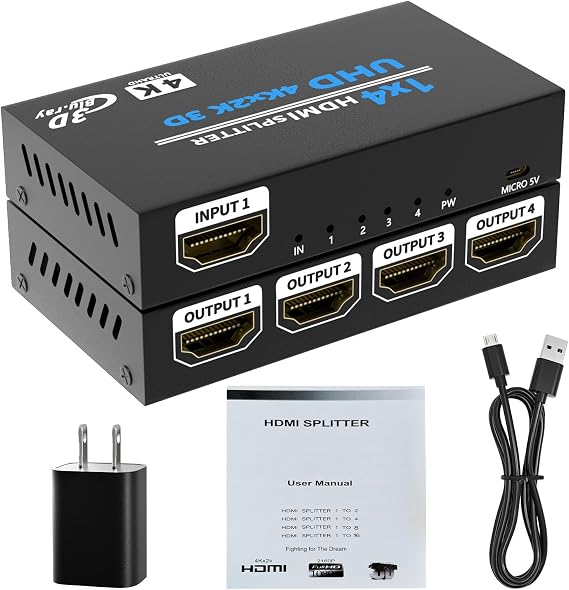 HDMI Splitter 1 in 4 Out, HDMI Splitter Audio Video Distributor Box with AC Adaptor Support 3D & 4K x 2K Compatible for HDTV, STB, DVD, PS3, Projector Etc