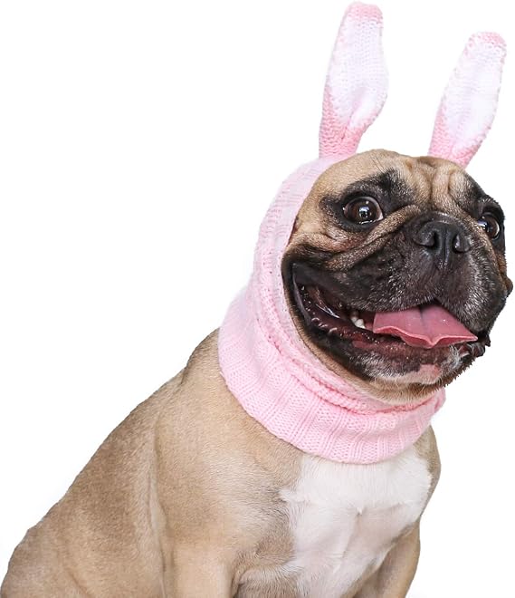 iChoue Dog Pink Easter Bunny Knitted Snood Ear Muffs Calming Hoodie Anxiety Relief Noise Canceling Headband Protection Cover Hood - Medium