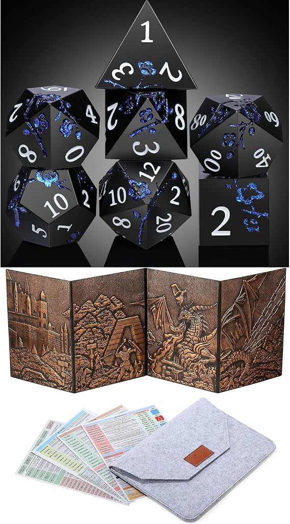 DNDND Glitter Blue D&D Metal Dice & DNDND DM Scree