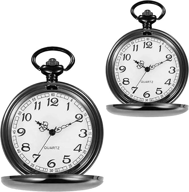 Set of 2 Classic Pocket Watch with Chain for Men and Women