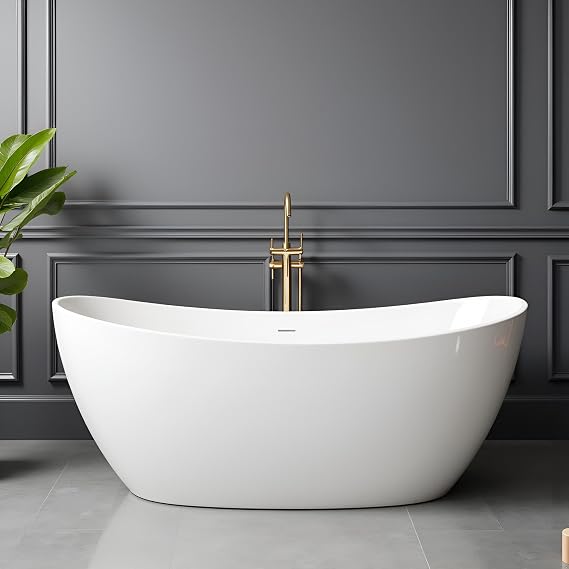 65" Acrylic Freestanding Bathtub, Stand Alone Tub, Soaking Tubs for Bathroom, Free Standing Tub with Integrated Overflow and Drain, cUPC Certified, Gloss White