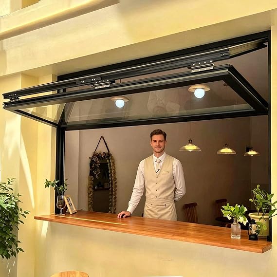 Folding Concession Serving Window With Safety Lock, Up Down Folding Concession Window,Foldable Sliding Windows, 5mm Tempered Glass For Outdoor Kitchen, Bar(WxH 28x32in/71.1x81.2cm)