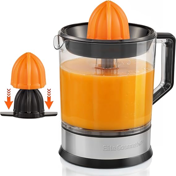 Elite Gourmet ETS047 Citrus Juicer, 2 Cones, 1.2L, Black/Stainless Steel | BPA-Free 40-Watt motor, compact large-volume pulp control - juices oranges, lemons, limes & grapefruits, easy-pour spout